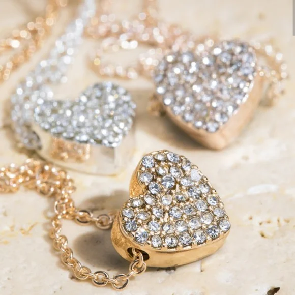 Dainty pave rhinestone heart charm necklace with bonus earrings in rose … - Picture 4 of 6